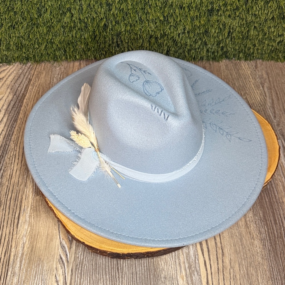 Custom Burned Baby Blue & White Wide Brim Hat with Feathers & Tulips Adjustable